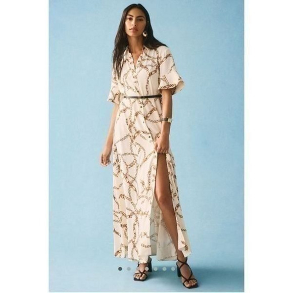 NWT Anthro Maeve Short Sleeve Printed Gold Chain Shirt Maxi Dress‎ - Picture 4 of 12